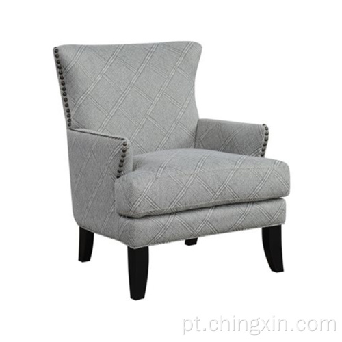 Cadeira de acento armado de tecido multi tecido cinza com cabeça de prego com pernas de madeira maciça